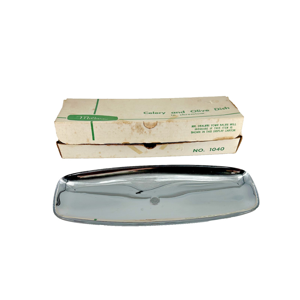 MCM Milbern Celery and Olive Dish Chromium Wood Base Original Box 13" x 5"